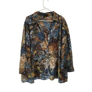 Sere Nade Boho Hippie Long Sleeve Button Up Shirt Blouse Multicolor Floral 2X